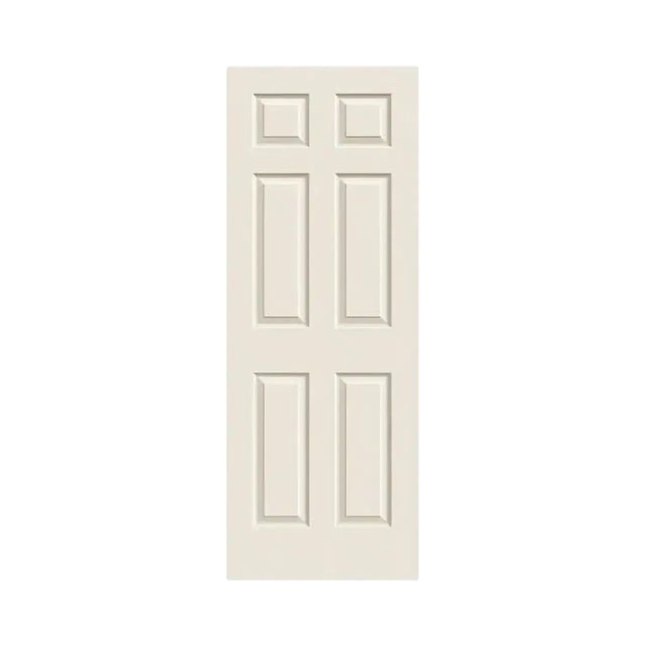 The Go Build 24 in. x 80 in. Colonist Primed Textured Composite MDF Hollow-Core Door Slab features six raised panels and a classic design, shown here in off-white against a white background.